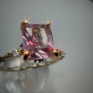 Princess Cut Pink CZ Ring – Gold Plated Brass Micro Inlay, Sizes 6 New